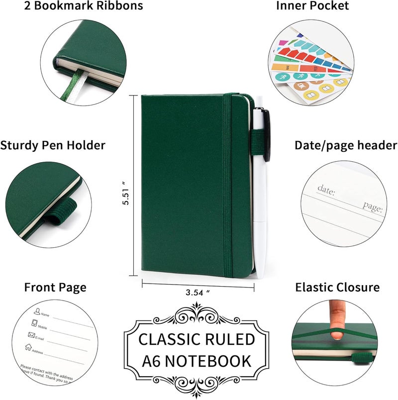 Feela 3 Pack Pocket Notebook Journals with 3 Black Pens, A6 Mini Cute Small Journal Notebook Bulk Hardcover College Ruled Notepad with Pen Holder for Office School Supplies, 3.5”x 5.5”, Dark Green - Image 2